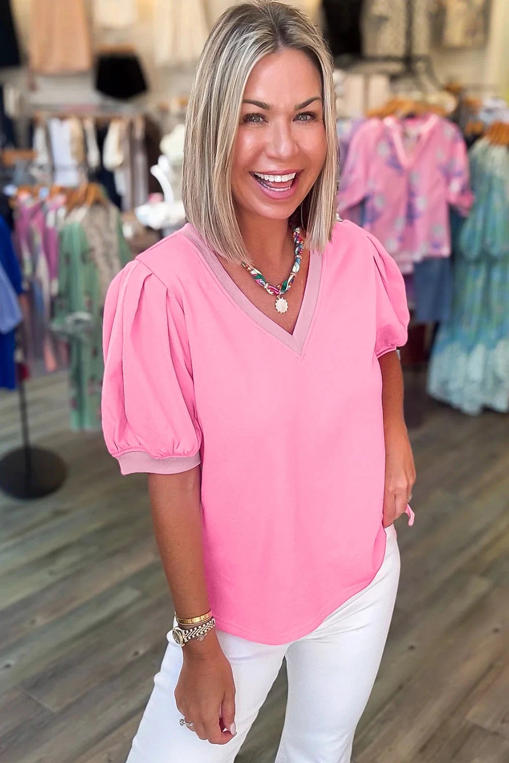 Willa | V Neck Puff Sleeve Blouse in a Clean Solid Finish