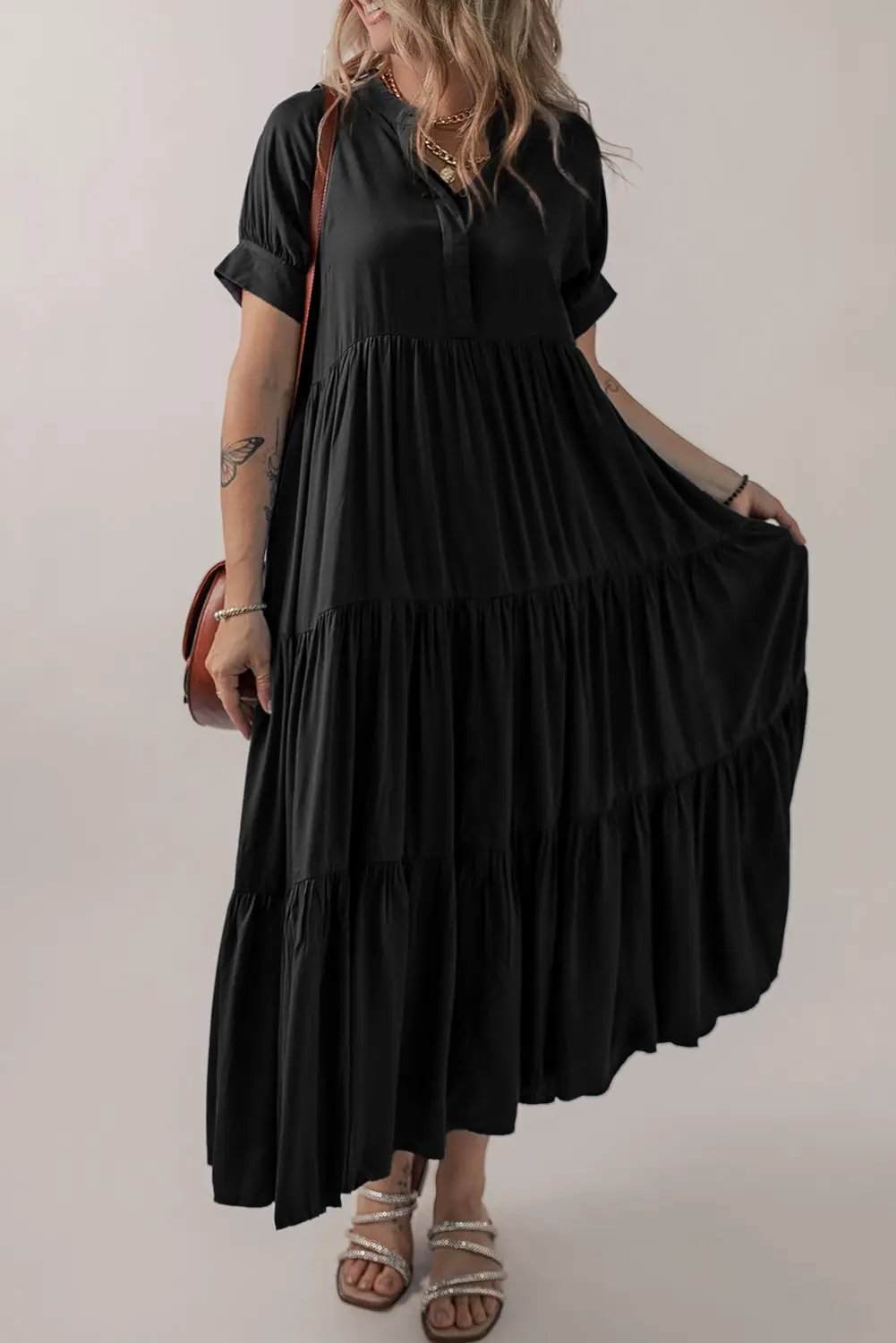 Helene | Concealed Button Tiered Short Sleeve Maxi Dress