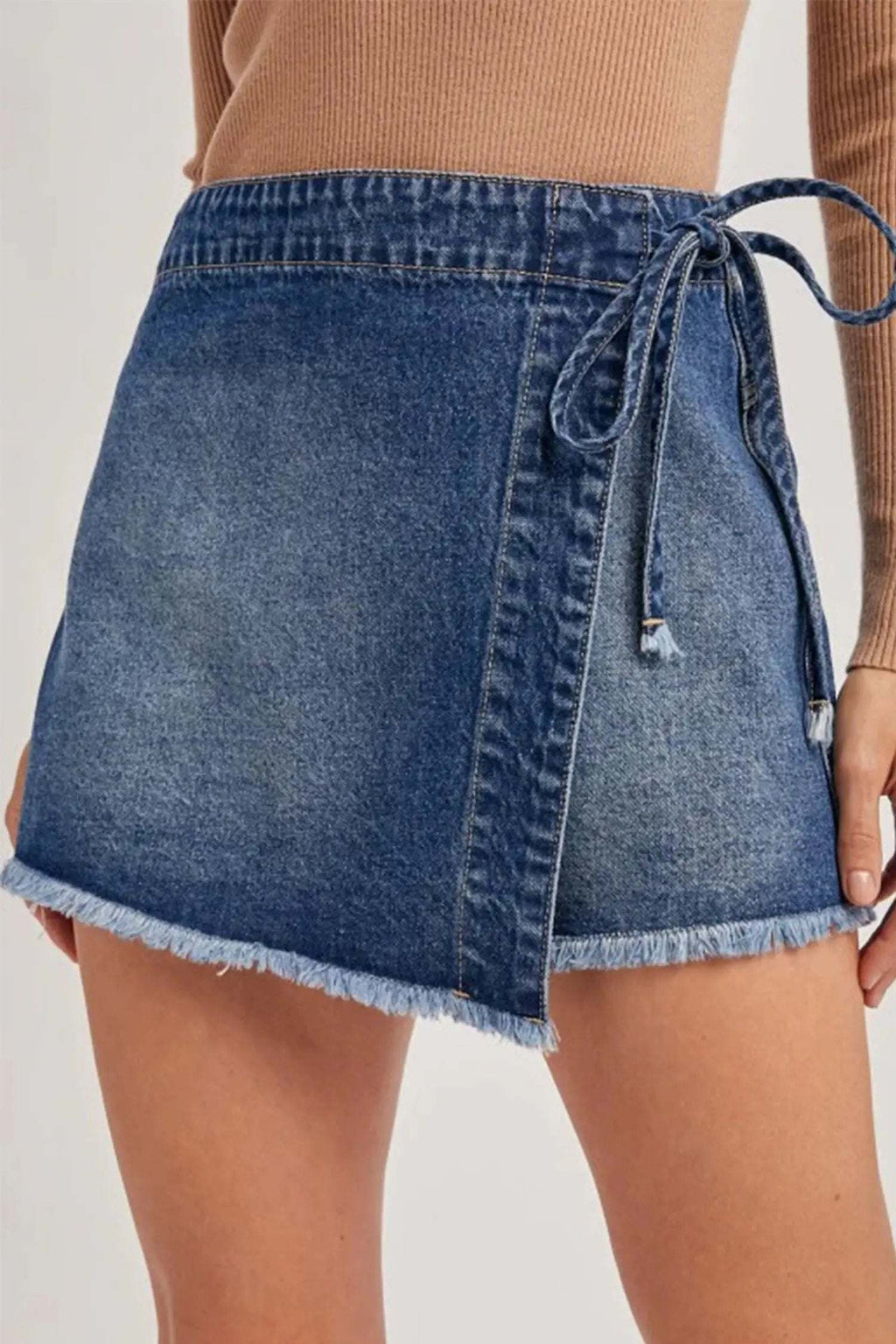 Alessia | Wrap Front Denim Skort with Tie Waist and Hidden Shorts