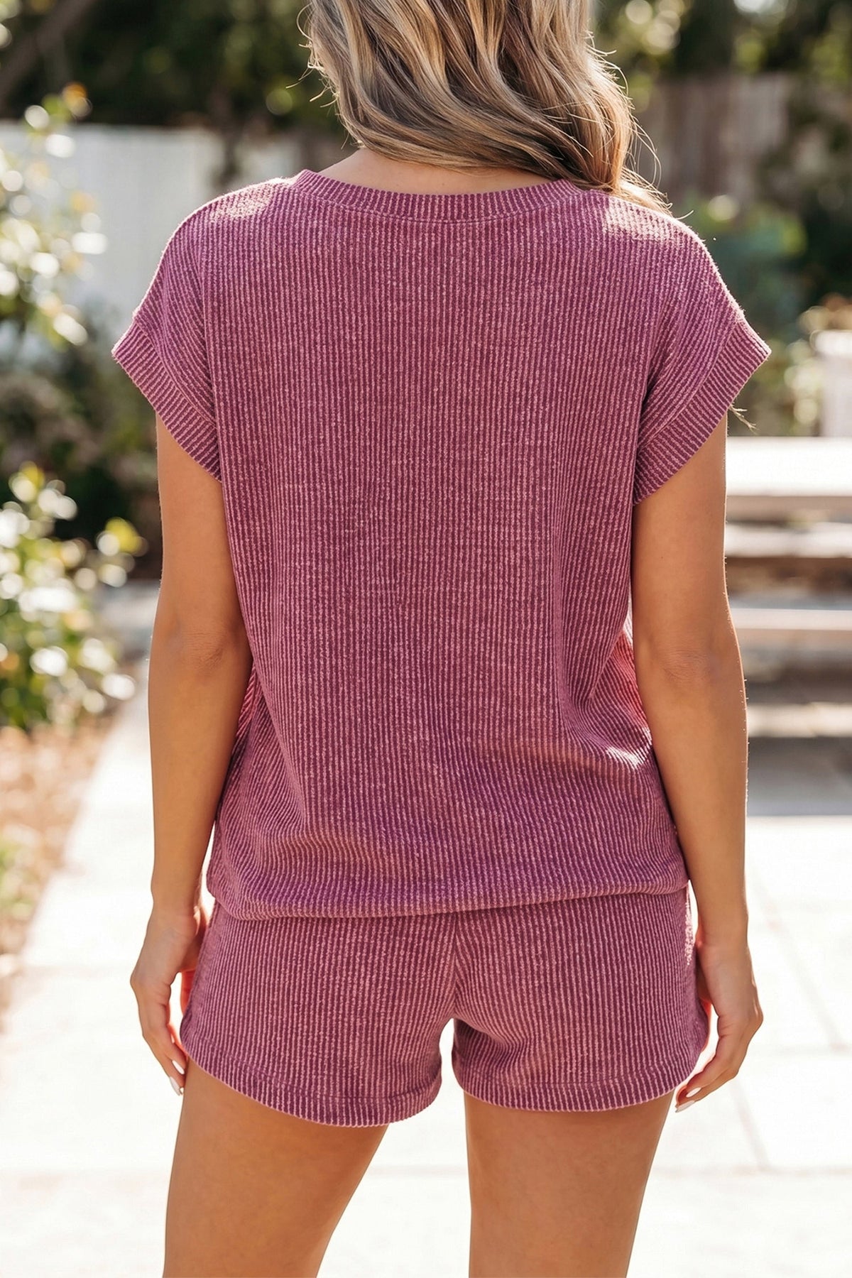 Wrenna | Ribbed Twist Front Tee and Drawstring Shorts Two Piece Set