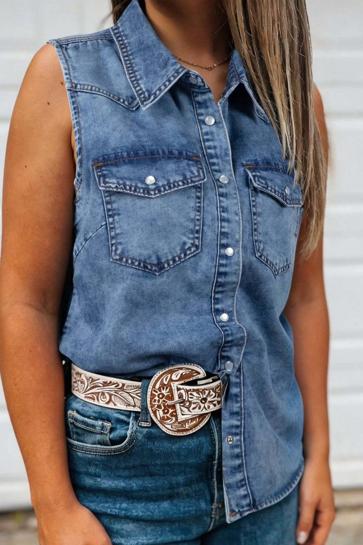 Nerina | Collared Sleeveless Denim Vest with Button Front