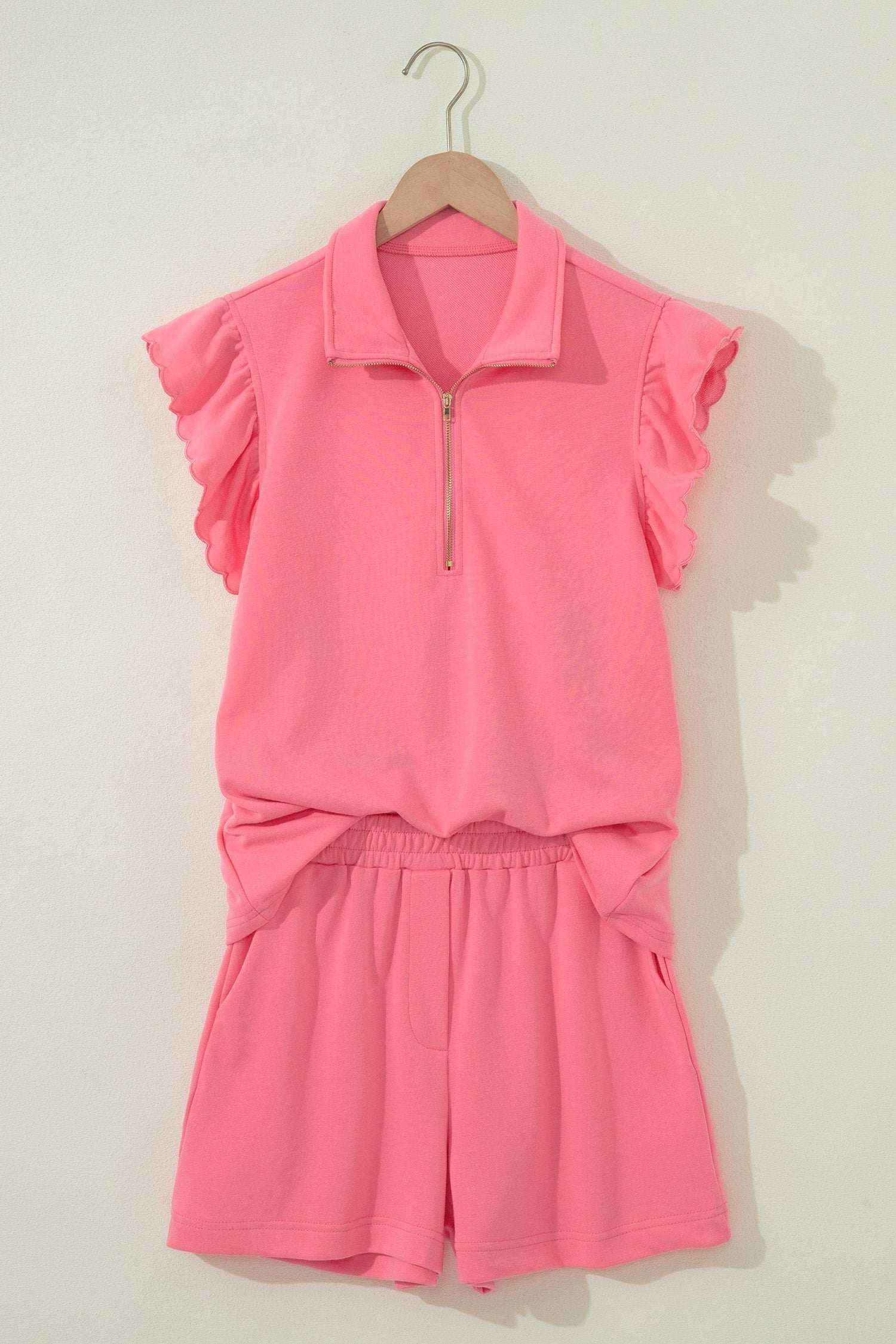 Portia | Half Zip Ruffle Sleeve Top and Shorts Two Piece Set
