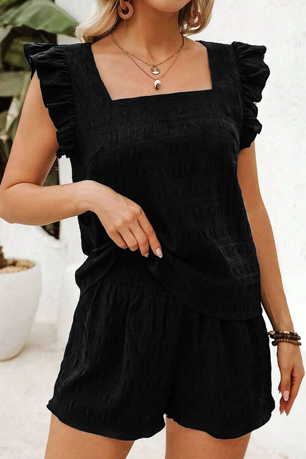 Bianca | Textured Square Neck Top and High Waisted Shorts Set