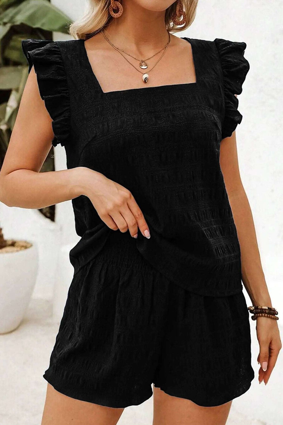 Bianca | Textured Square Neck Top and High Waisted Shorts Set