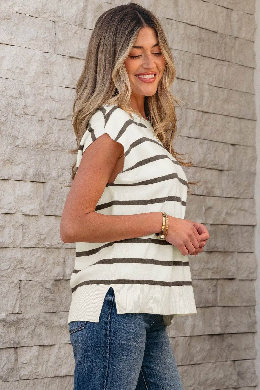 Tiberia | Crewneck Short Sleeve Sweater Tee with Side Slits