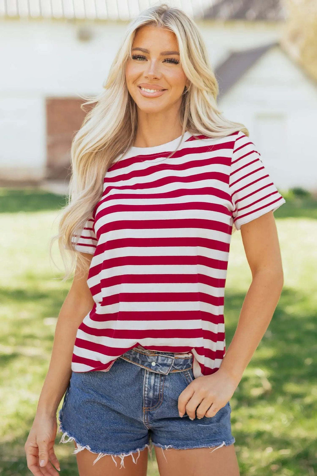 Ursina | Striped Panelled Round Neck Cotton T Shirt