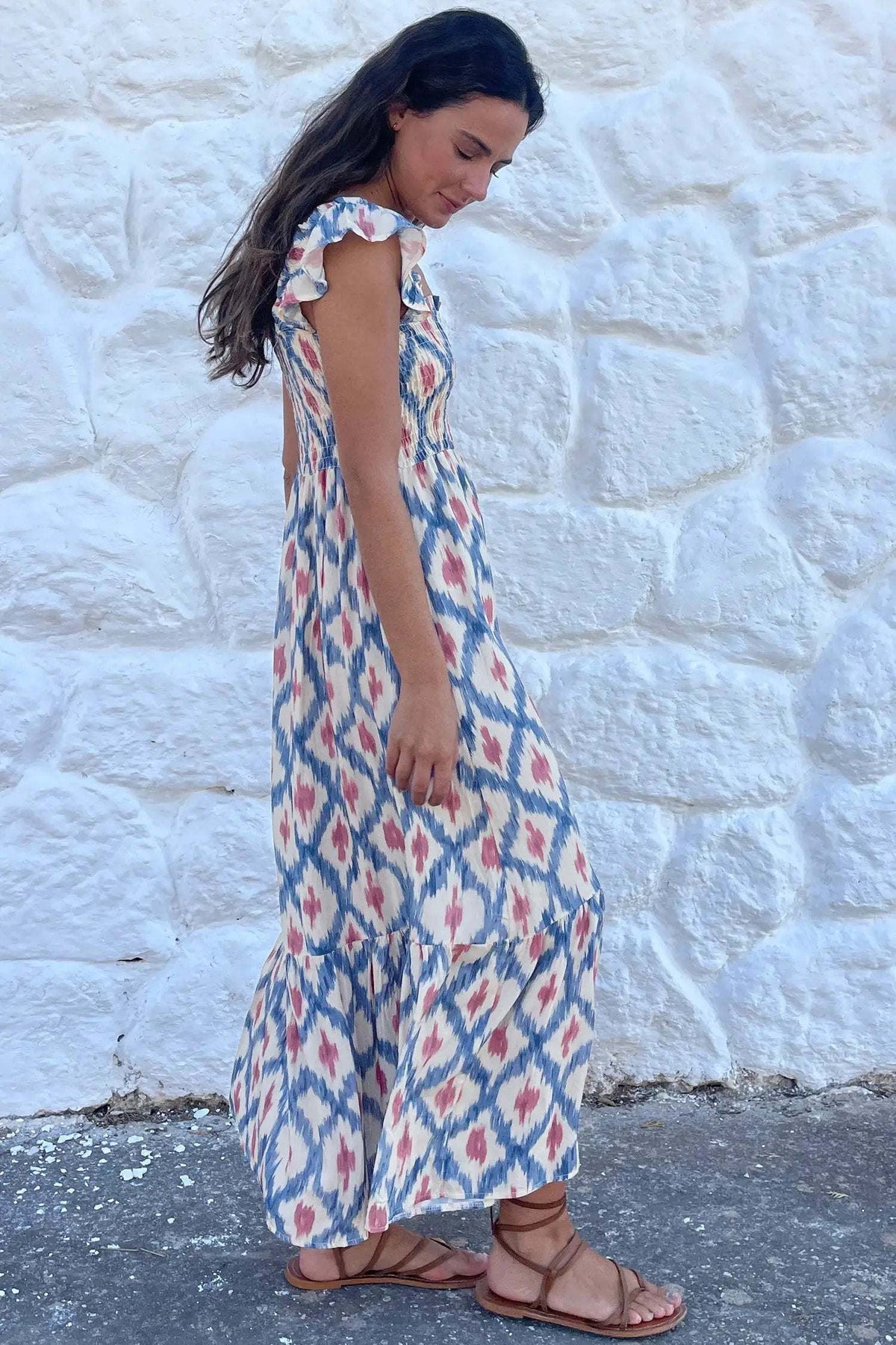 Katriona | Smocked Waist Square Neck Midi Dress with Ruffle Sleeves