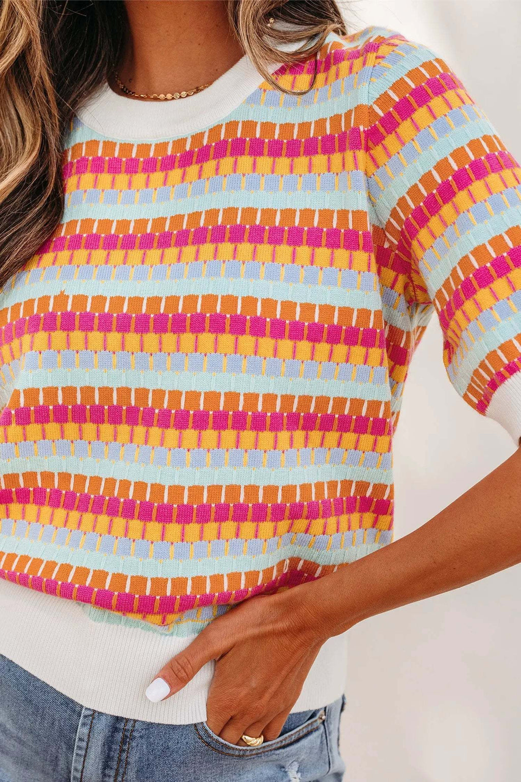 Zaria | Striped Short Sleeve Knit Sweater with Fine Gauge Finish
