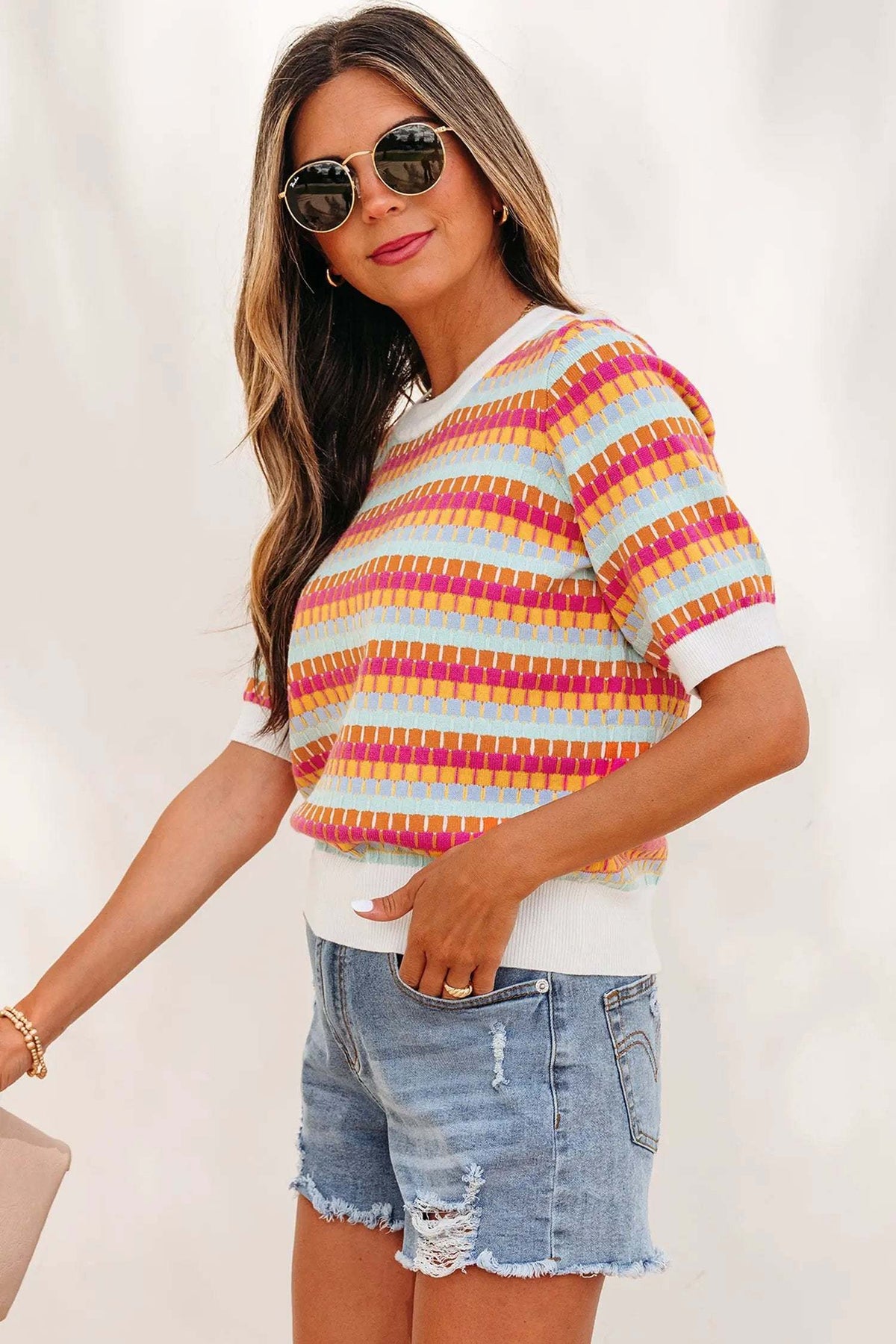 Zaria | Striped Short Sleeve Knit Sweater with Fine Gauge Finish
