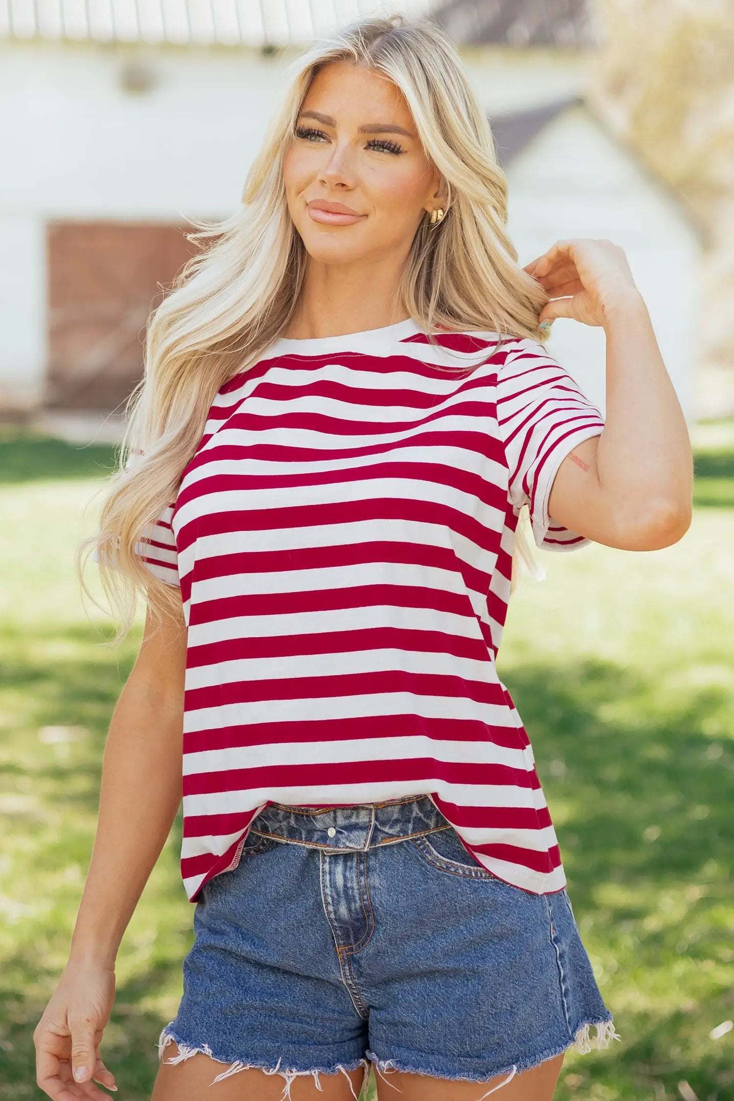 Ursina | Striped Panelled Round Neck Cotton T Shirt