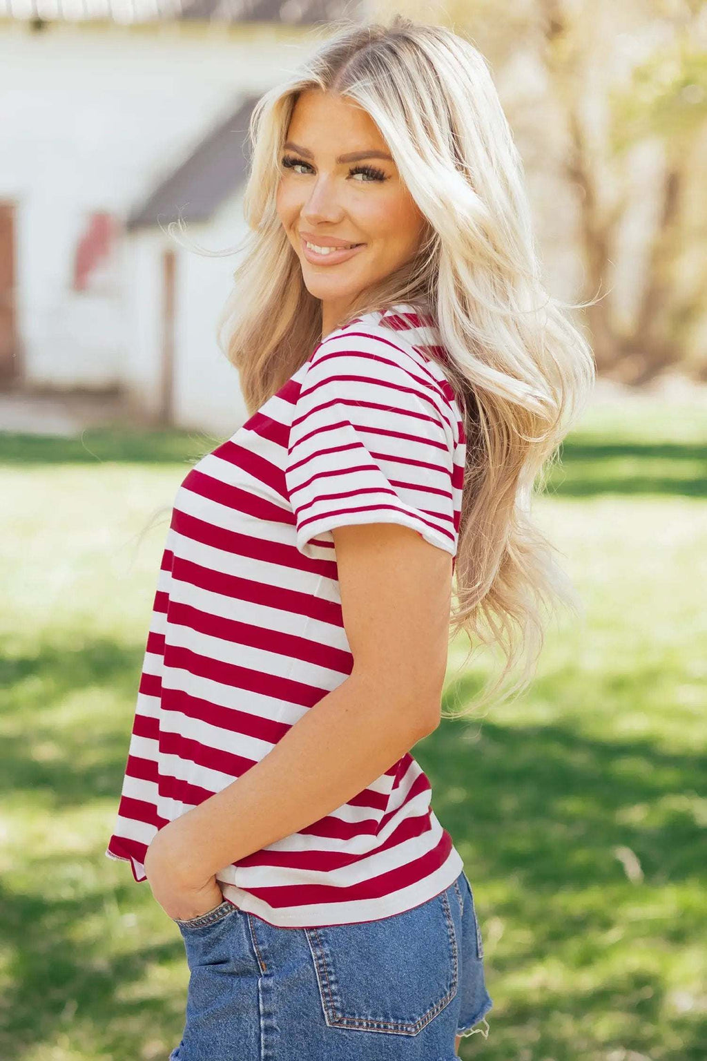 Ursina | Striped Panelled Round Neck Cotton T Shirt