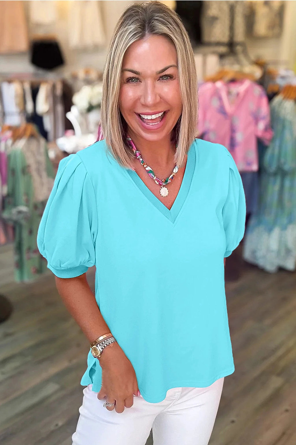 Willa | V Neck Puff Sleeve Blouse in a Clean Solid Finish