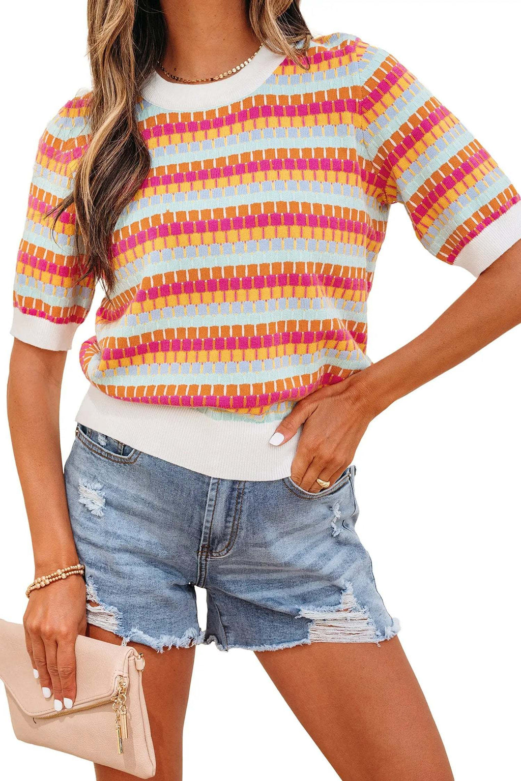 Zaria | Striped Short Sleeve Knit Sweater with Fine Gauge Finish