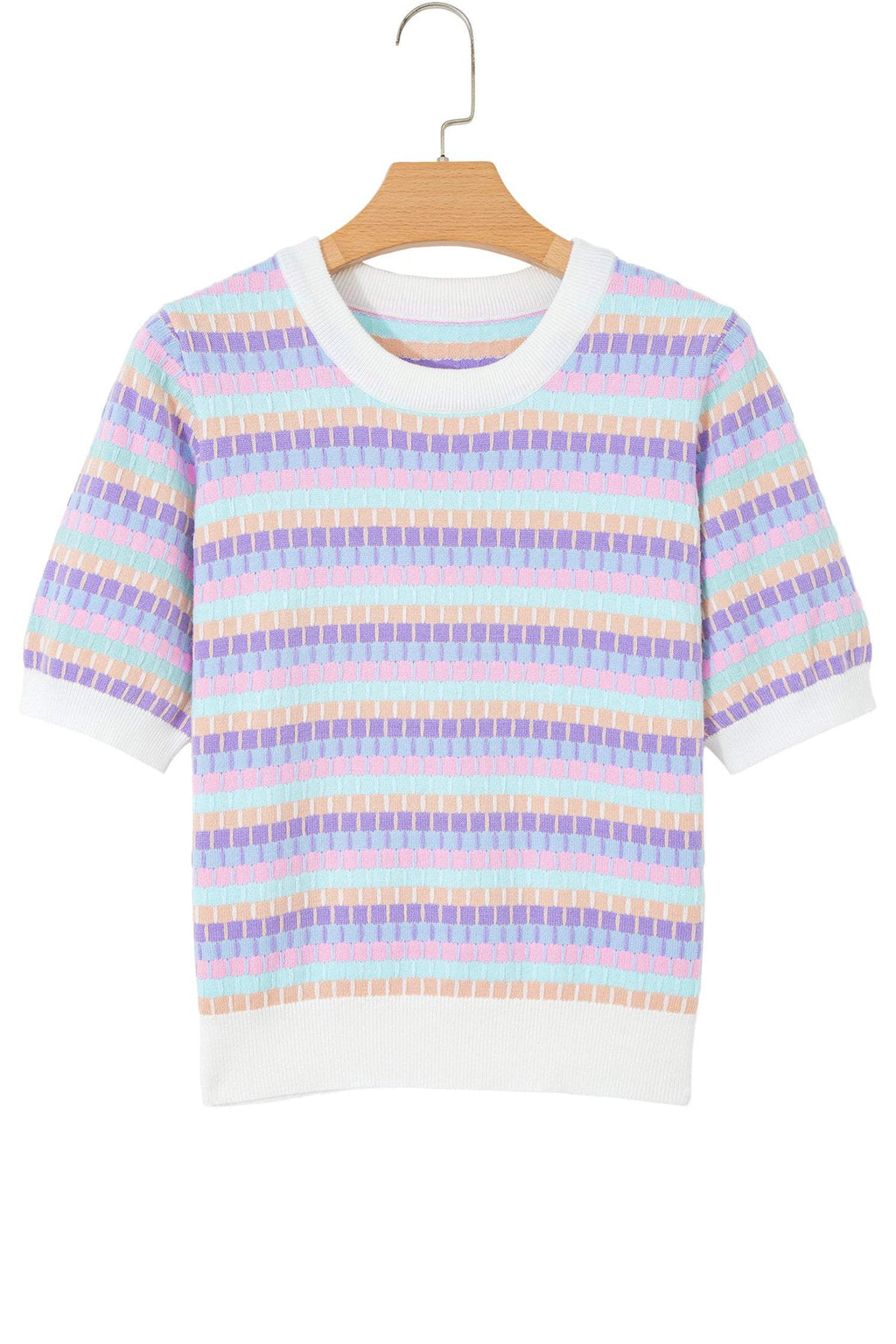 Zaria | Striped Short Sleeve Knit Sweater with Fine Gauge Finish