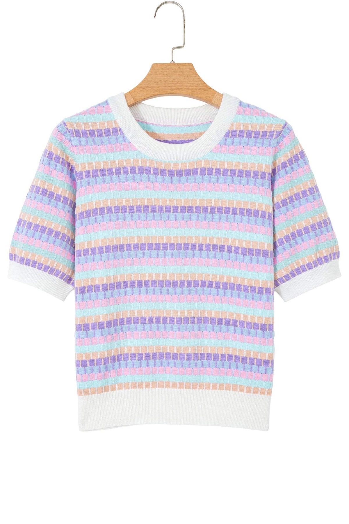 Zaria | Striped Short Sleeve Knit Sweater with Fine Gauge Finish