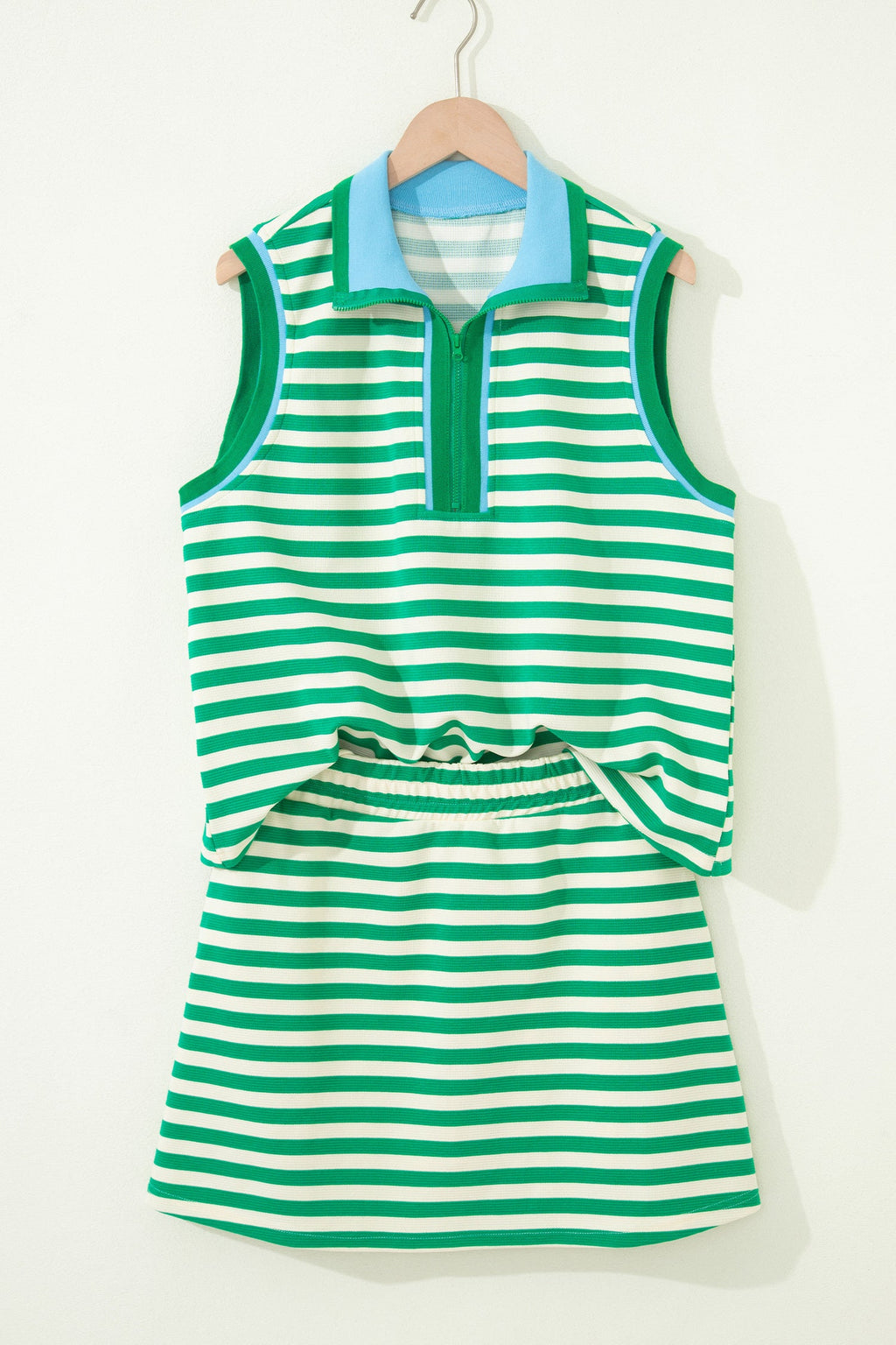 Thalia | Textured Stripe Zip Collar Sleeveless Top and Skort Set