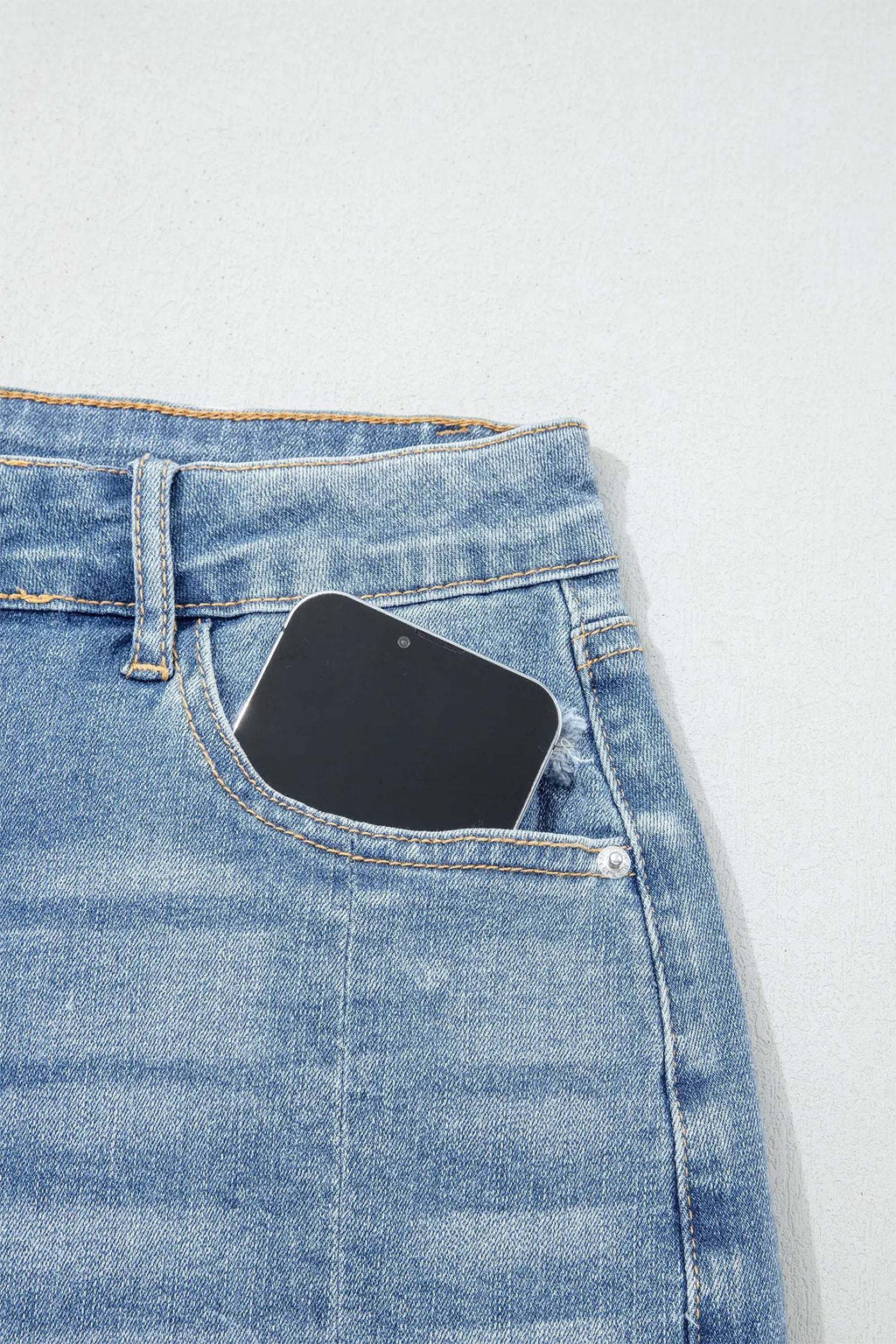 Valentina | Washed Raw Hem Denim Shorts with Mid Rise Fit