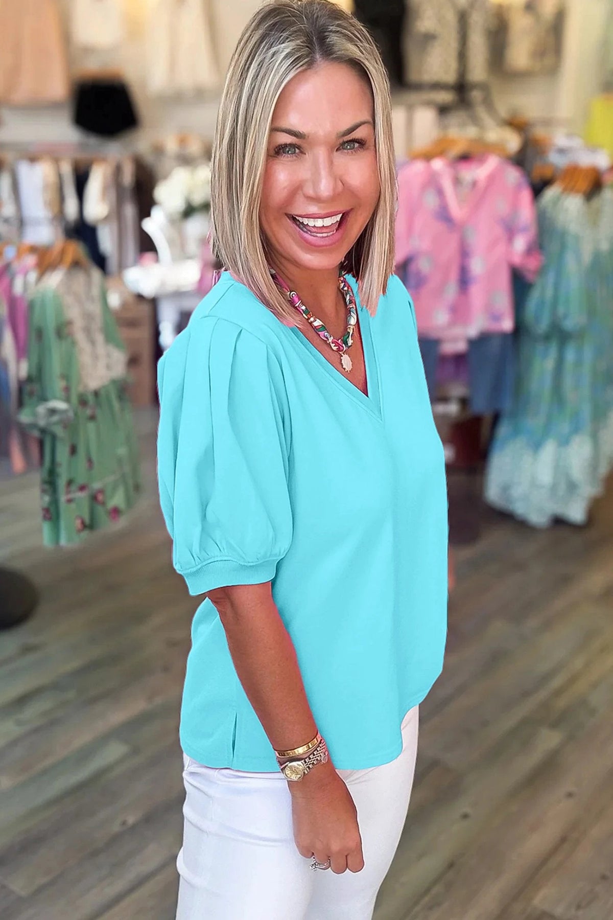 Willa | V Neck Puff Sleeve Blouse in a Clean Solid Finish