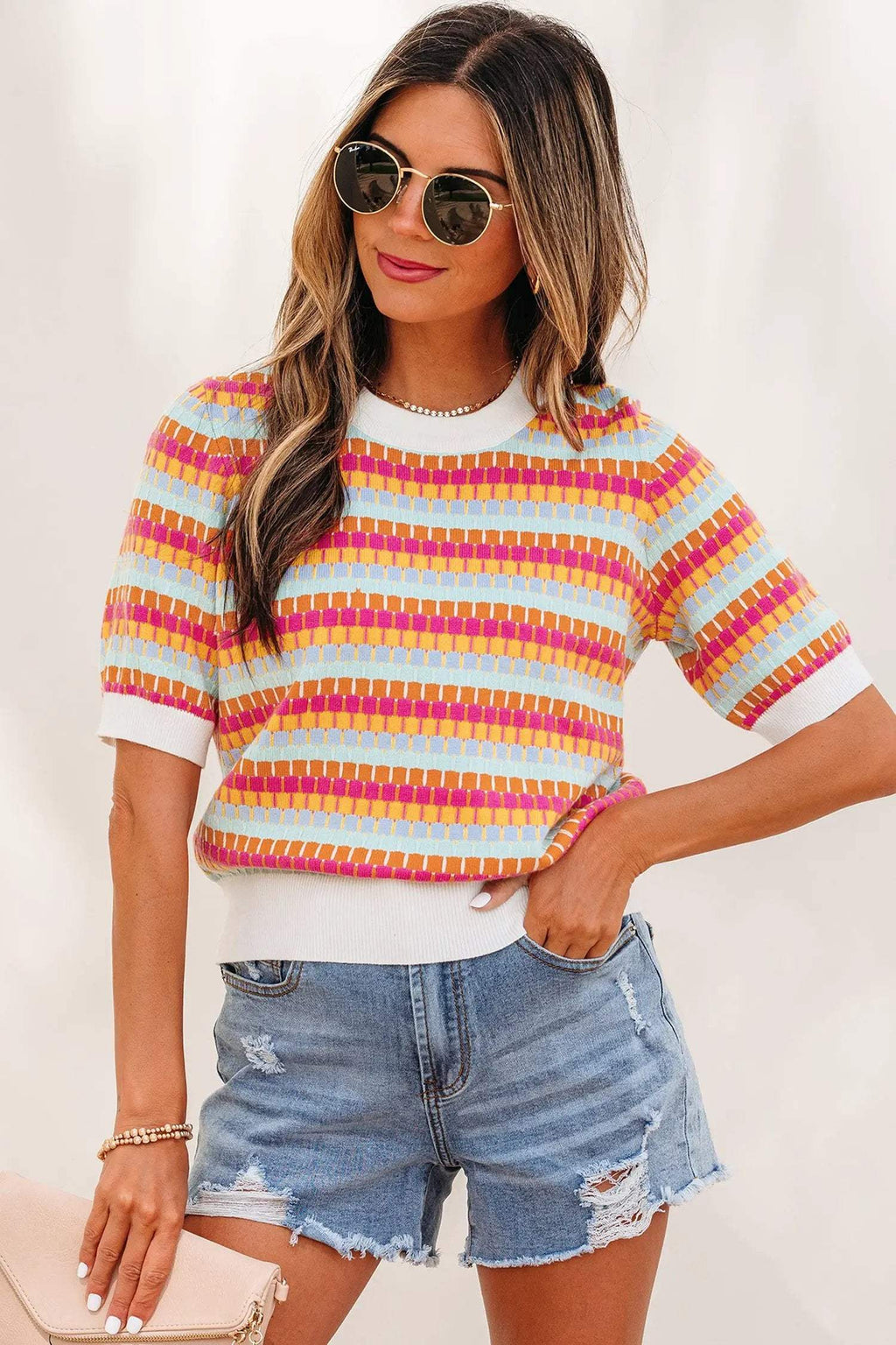 Zaria | Striped Short Sleeve Knit Sweater with Fine Gauge Finish