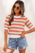 Zaria | Striped Short Sleeve Knit Sweater with Fine Gauge Finish