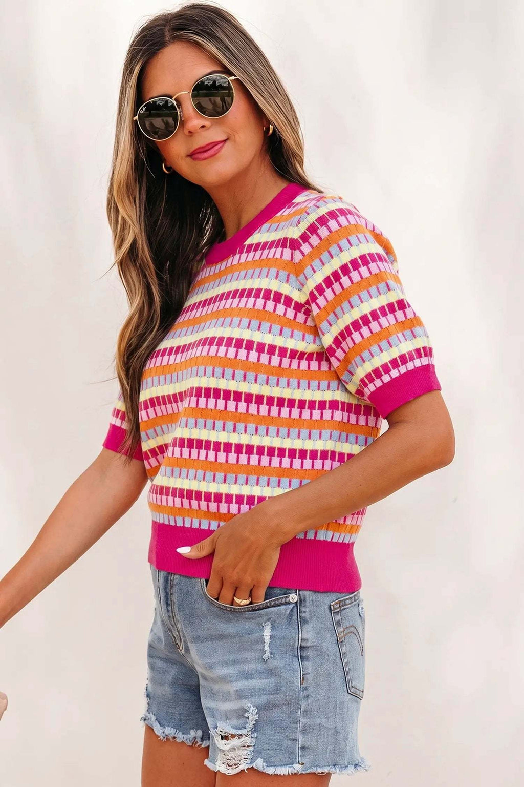 Zaria | Striped Short Sleeve Knit Sweater with Fine Gauge Finish