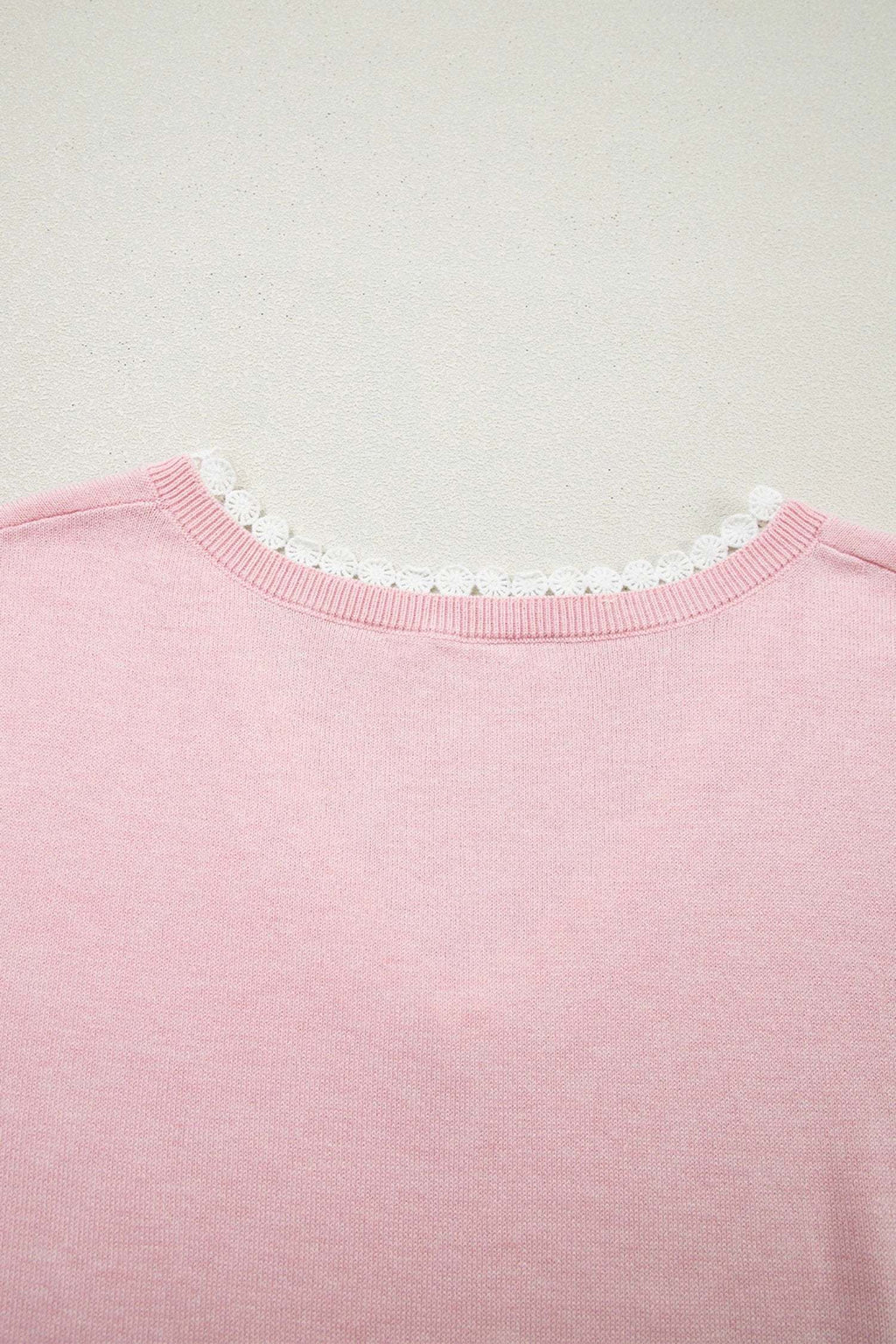 Delphine | Lace Trimmed V Neck Short Sleeve Knit Sweater for Warm Weather
