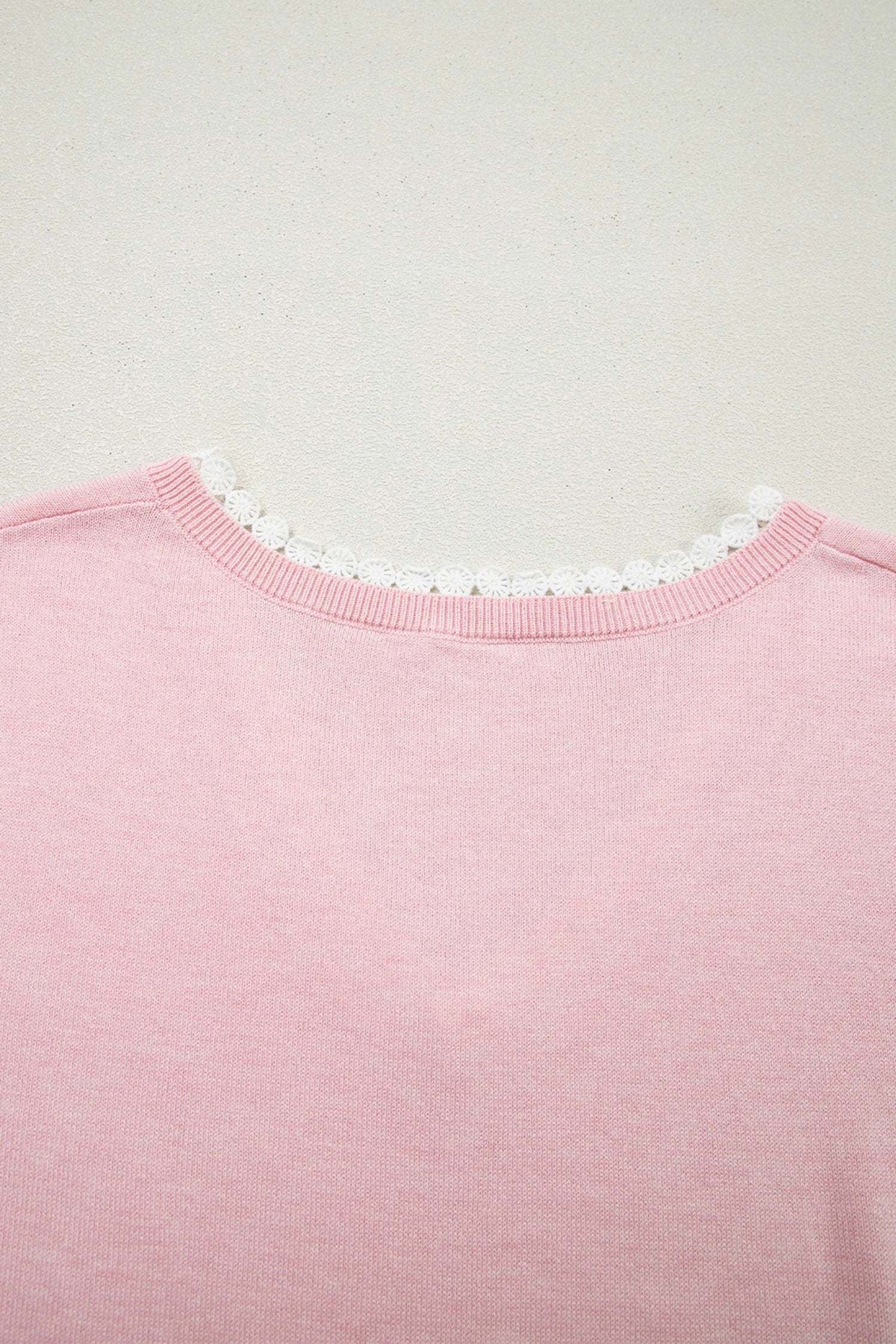 Delphine | Lace Trimmed V Neck Short Sleeve Knit Sweater for Warm Weather