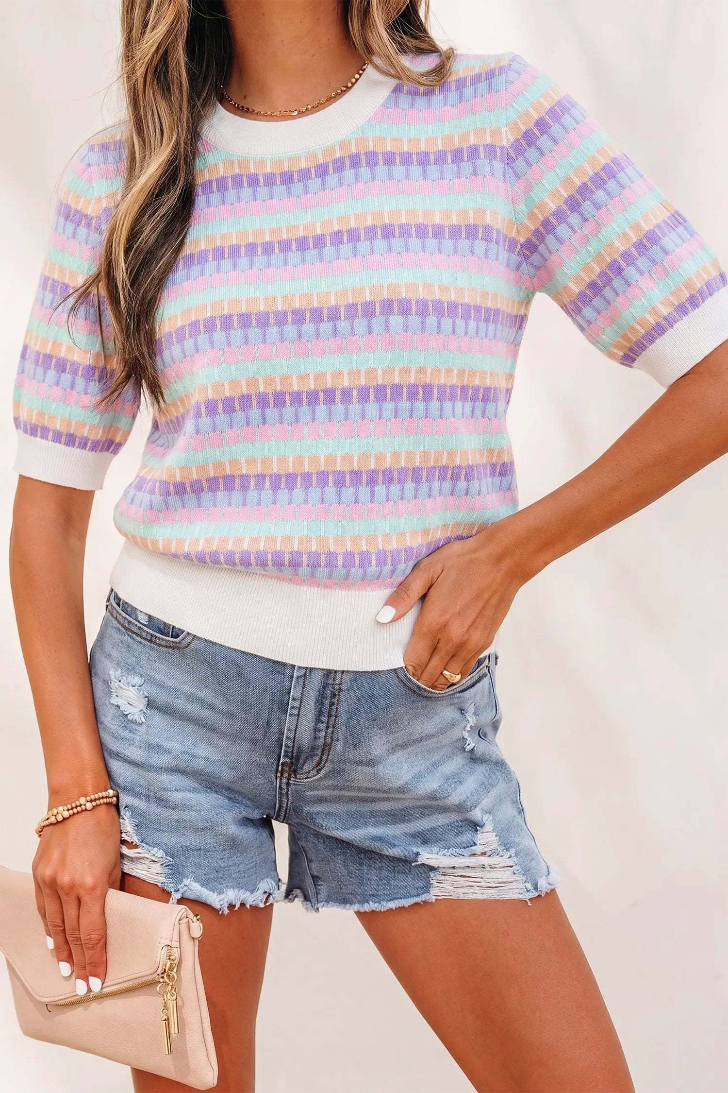 Zaria | Striped Short Sleeve Knit Sweater with Fine Gauge Finish