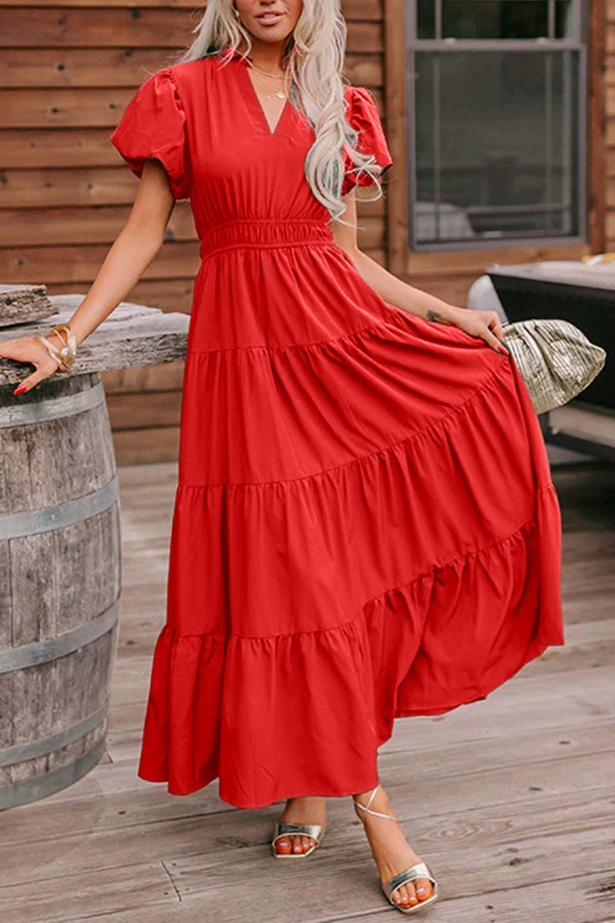 Zola | V Neck Puff Sleeve Tiered Maxi Dress with High Waist