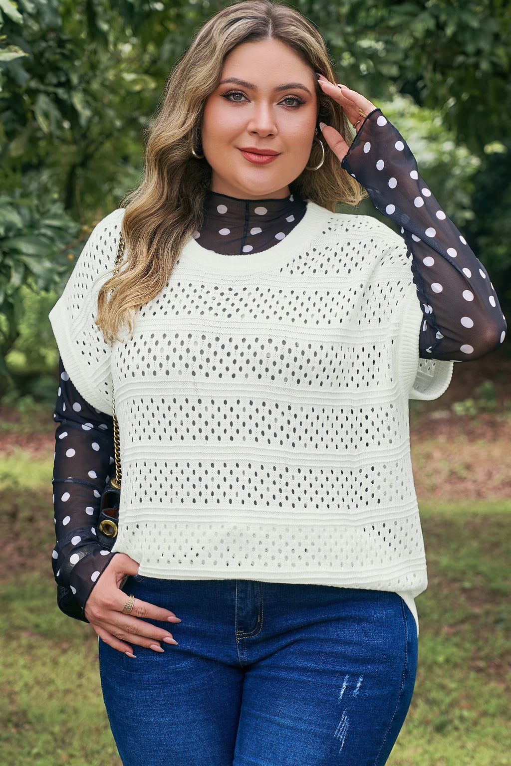 Celeste | Eyelet Knit Short Dolman Sleeve Sweater in Extended Sizes