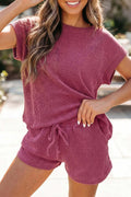 Wrenna | Ribbed Twist Front Tee and Drawstring Shorts Two Piece Set