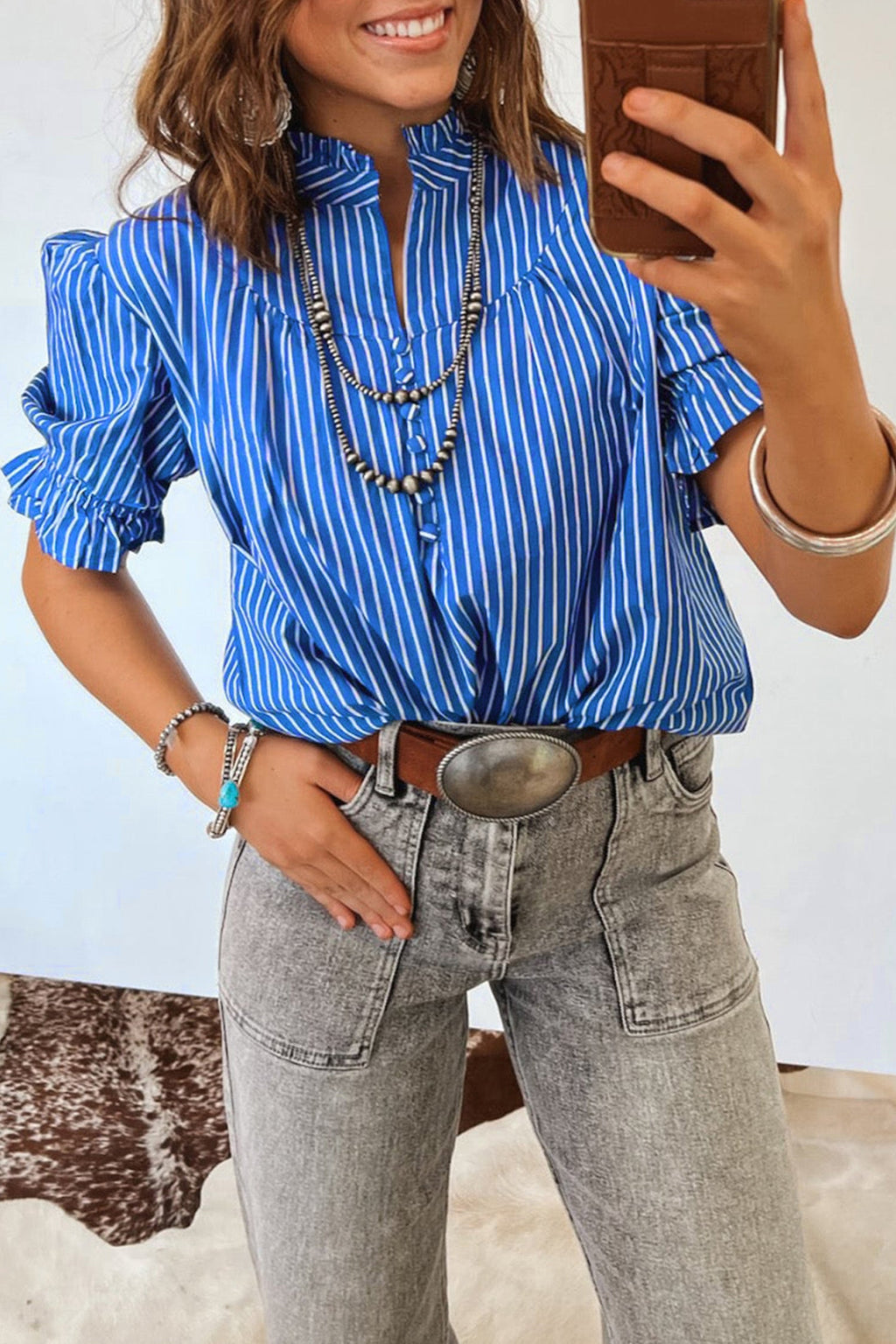 Ophelia | Striped Puff Sleeve Button Front Blouse with Ruffle Detail