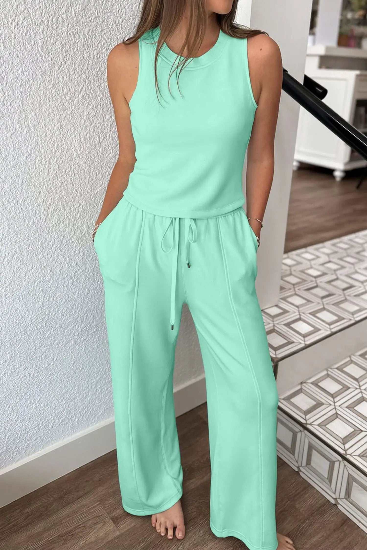 Isolde | Drawstring Wide Leg Two Piece Lounge Set with Elastic Waist