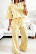 Margaux | Lace Panelled Half Sleeve Top and Wide Leg Pants Two Piece Set