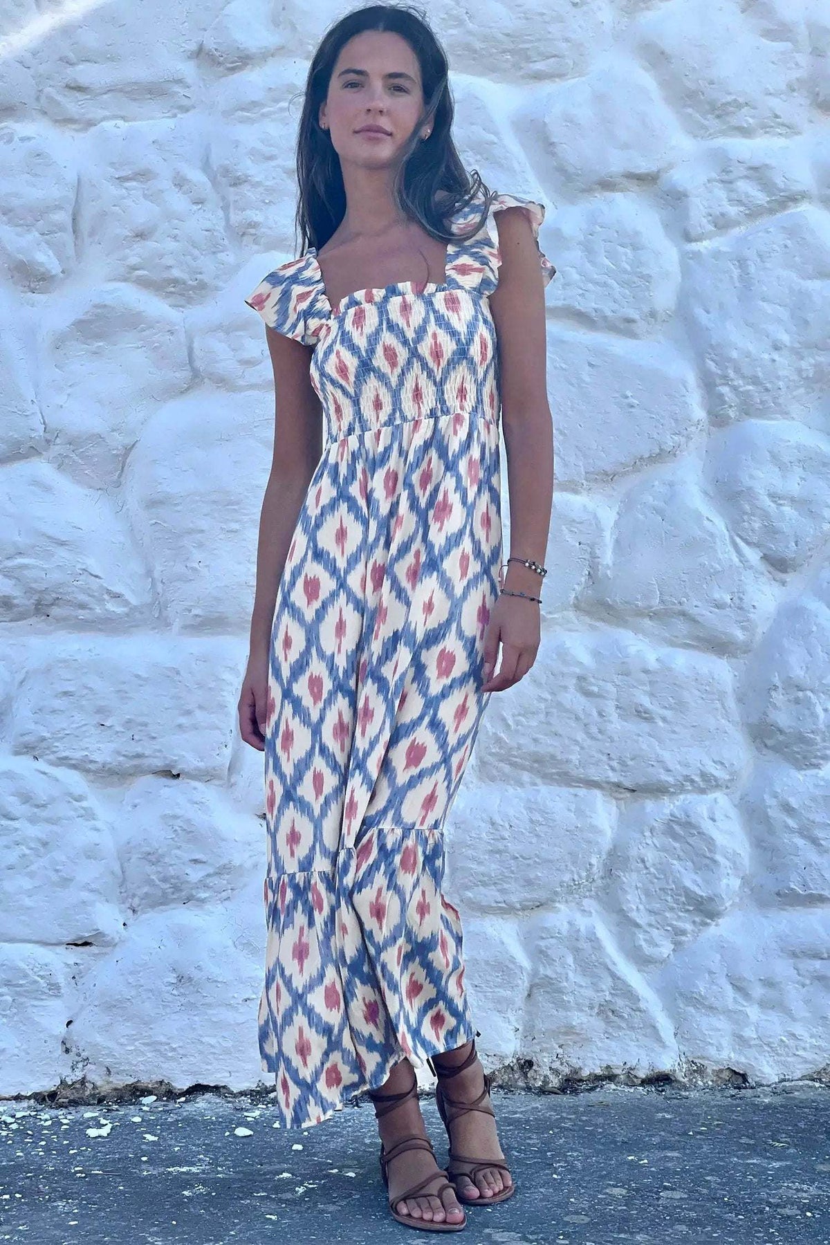 Katriona | Smocked Waist Square Neck Midi Dress with Ruffle Sleeves