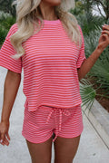 Quintana | Striped Knit Side Slit Tee and Drawstring Shorts Set