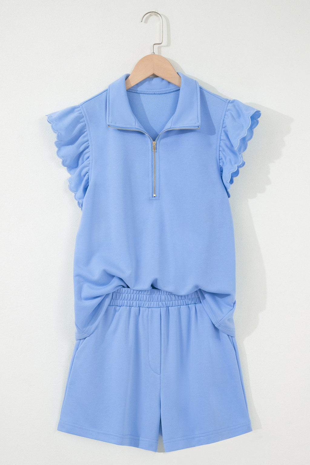 Portia | Half Zip Ruffle Sleeve Top and Shorts Two Piece Set