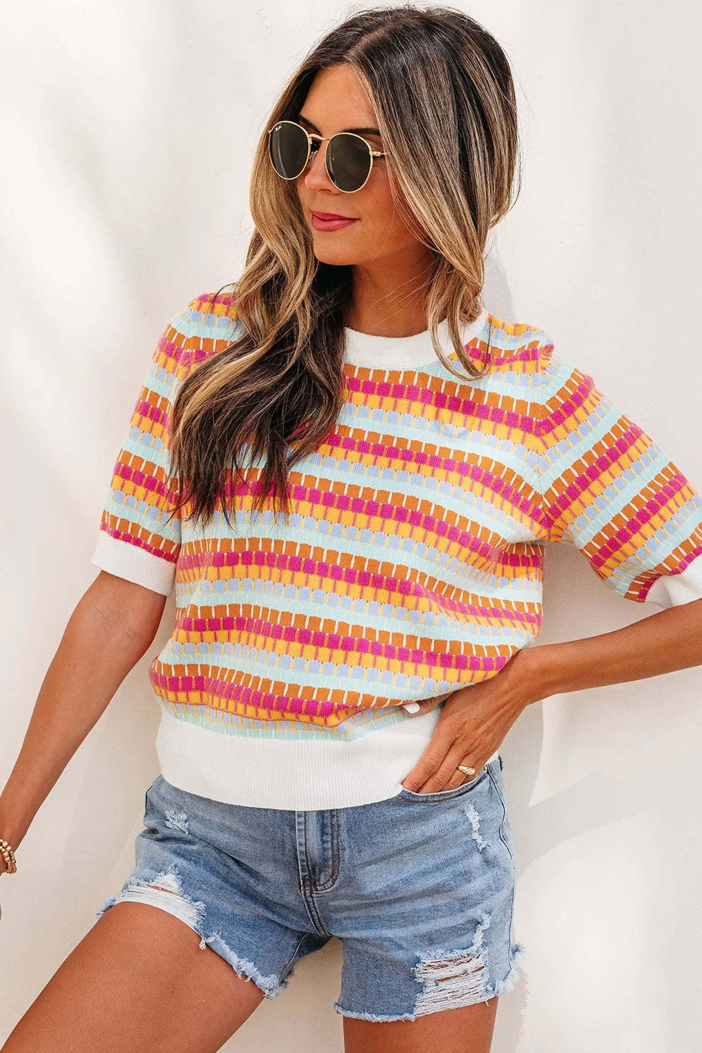 Zaria | Striped Short Sleeve Knit Sweater with Fine Gauge Finish
