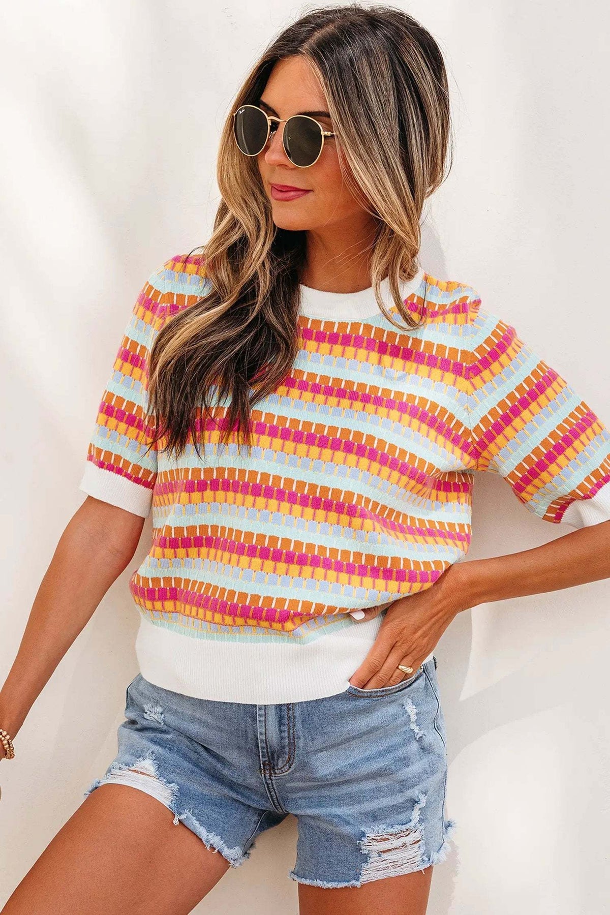 Zaria | Striped Short Sleeve Knit Sweater with Fine Gauge Finish