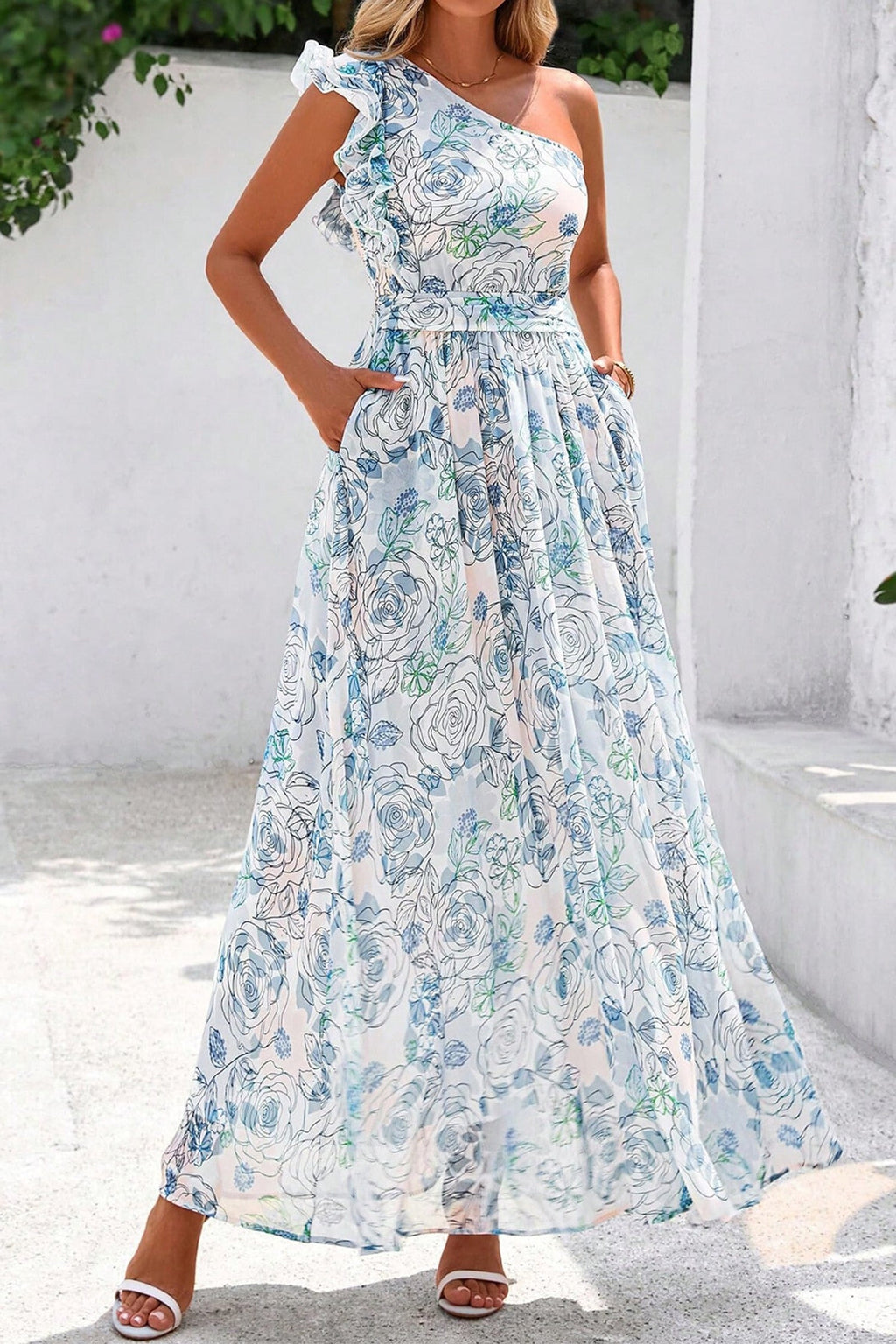Giulietta | Floral One Shoulder Ruffled Maxi Dress for Summer Occasions