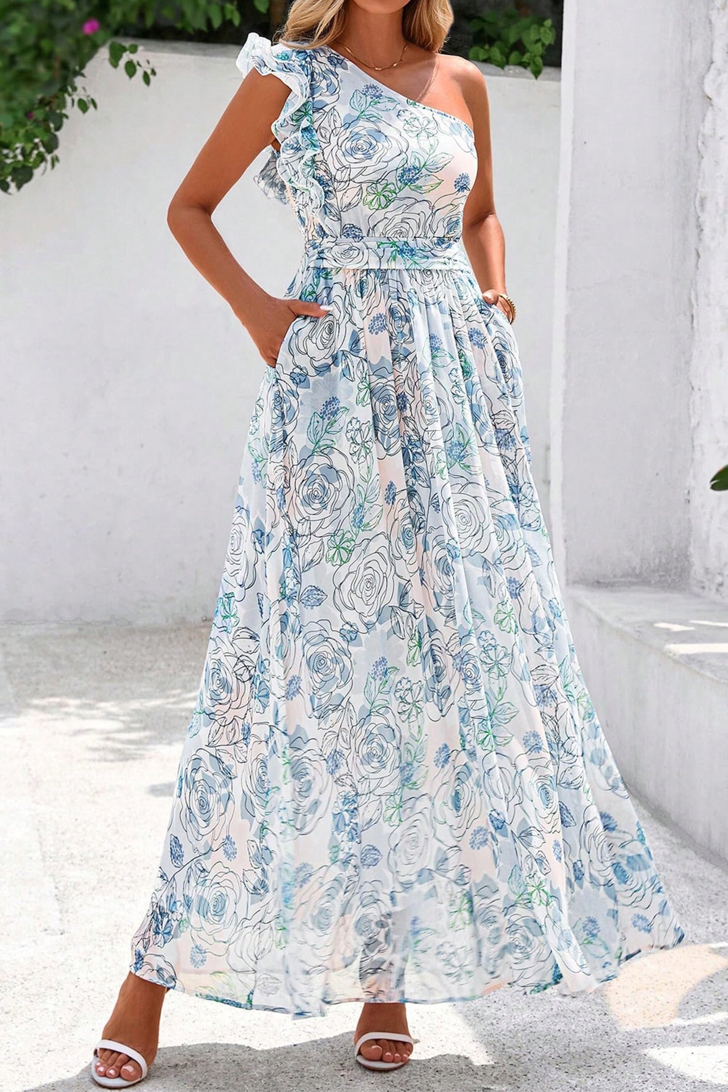 Giulietta | Floral One Shoulder Ruffled Maxi Dress for Summer Occasions
