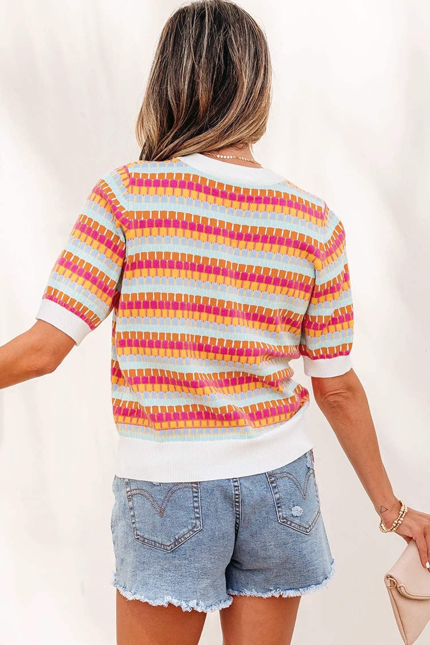 Zaria | Striped Short Sleeve Knit Sweater with Fine Gauge Finish