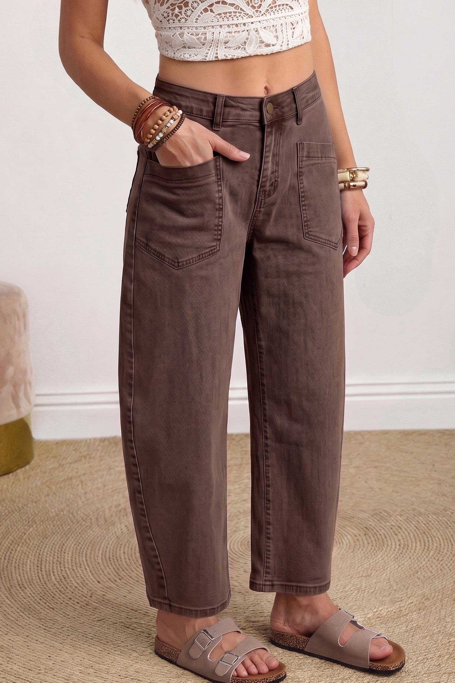Romilly | Ankle Length Barrel Leg Jeans with Square Patch Pockets