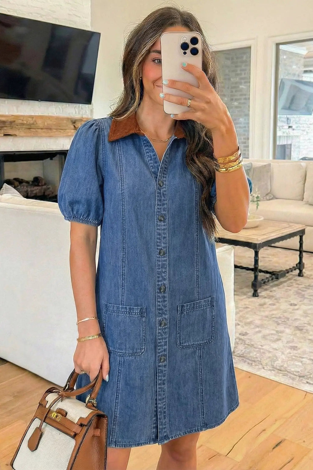 Mireille | Panelled Denim Mini Shirt Dress with Puff Sleeves