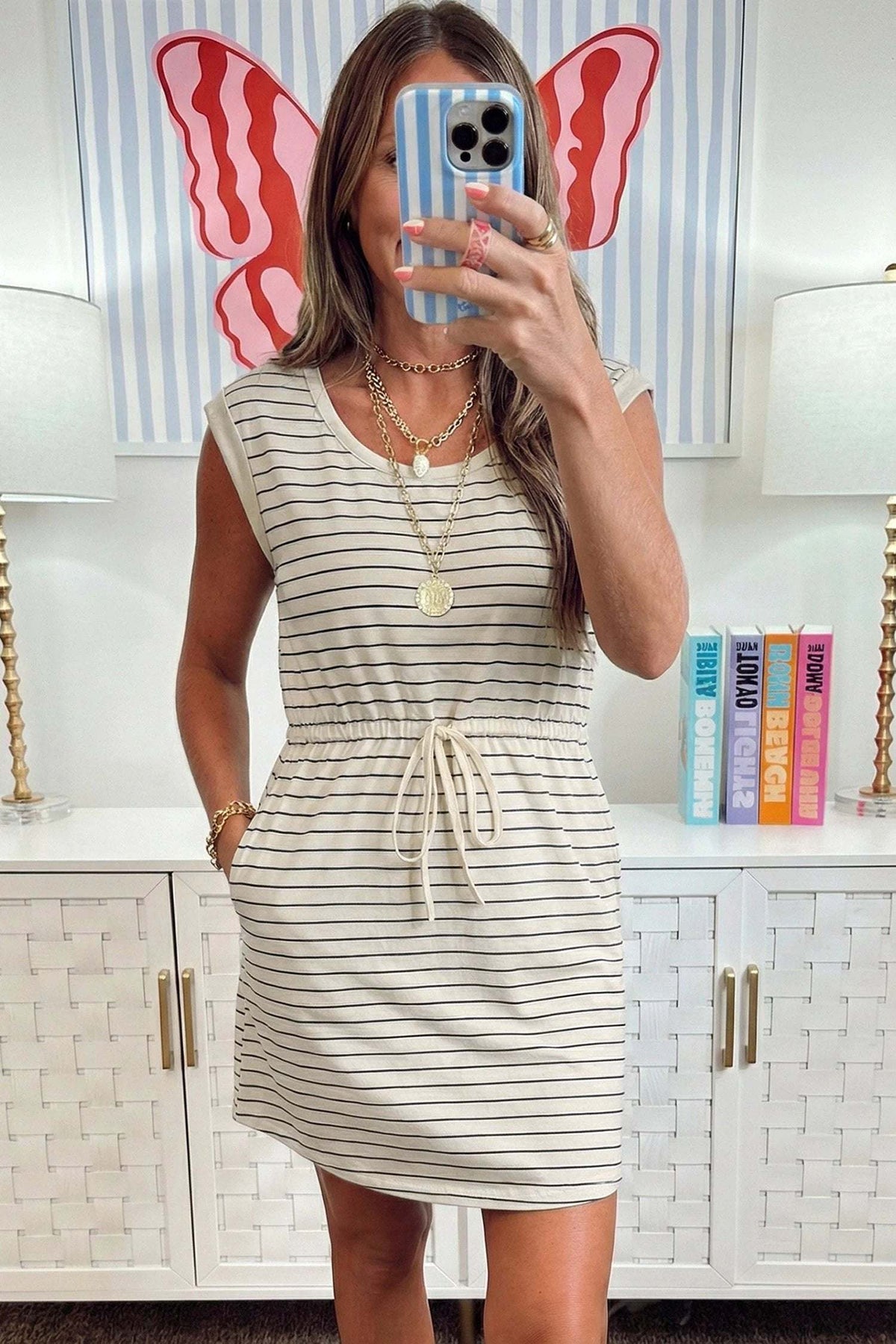 Dorothea | Striped Drawstring Tank Mini Dress with Side Pockets