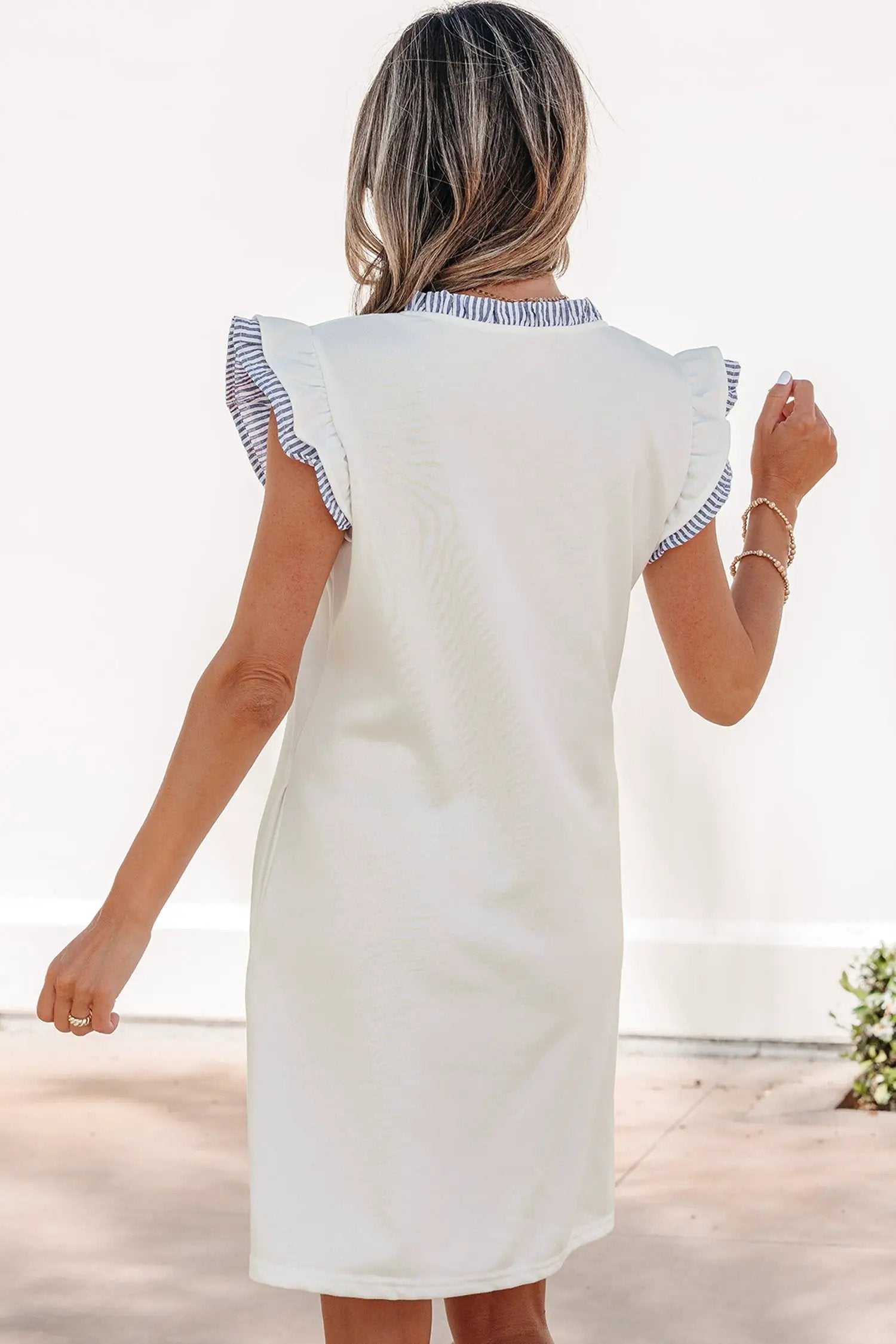 Anouk | Striped Contrast Sleeveless Midi Dress with Split Neck and Ruffle Trim