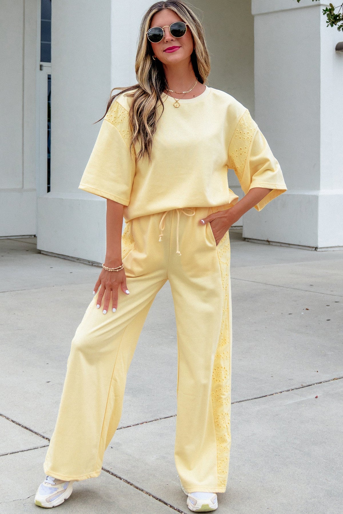 Margaux | Lace Panelled Half Sleeve Top and Wide Leg Pants Two Piece Set