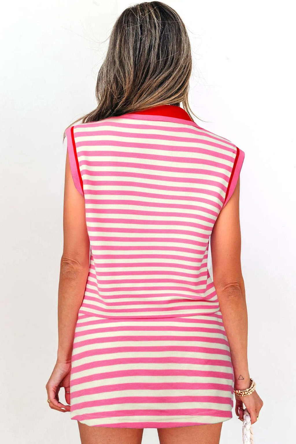 Thalia | Textured Stripe Zip Collar Sleeveless Top and Skort Set
