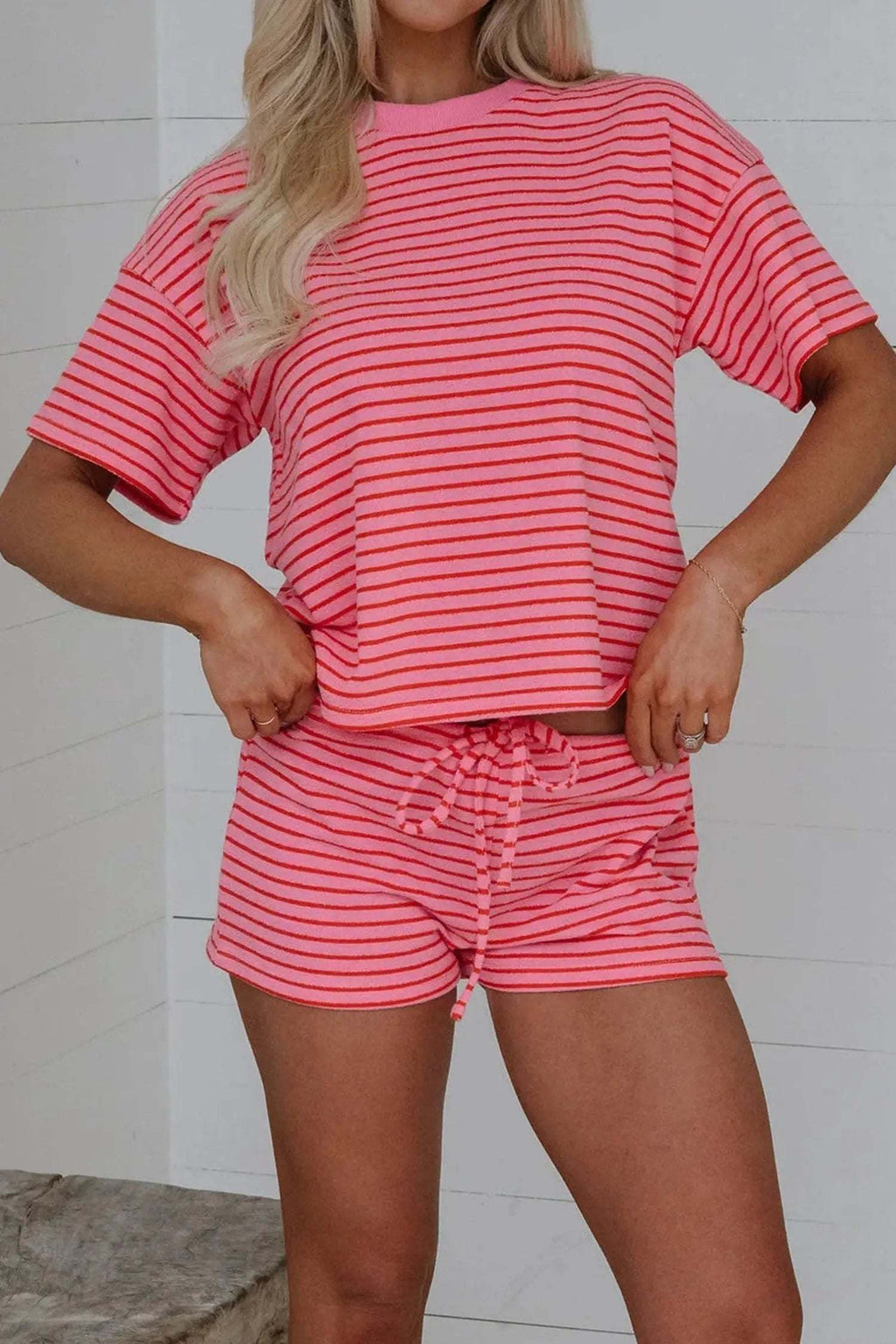 Quintana | Striped Knit Side Slit Tee and Drawstring Shorts Set