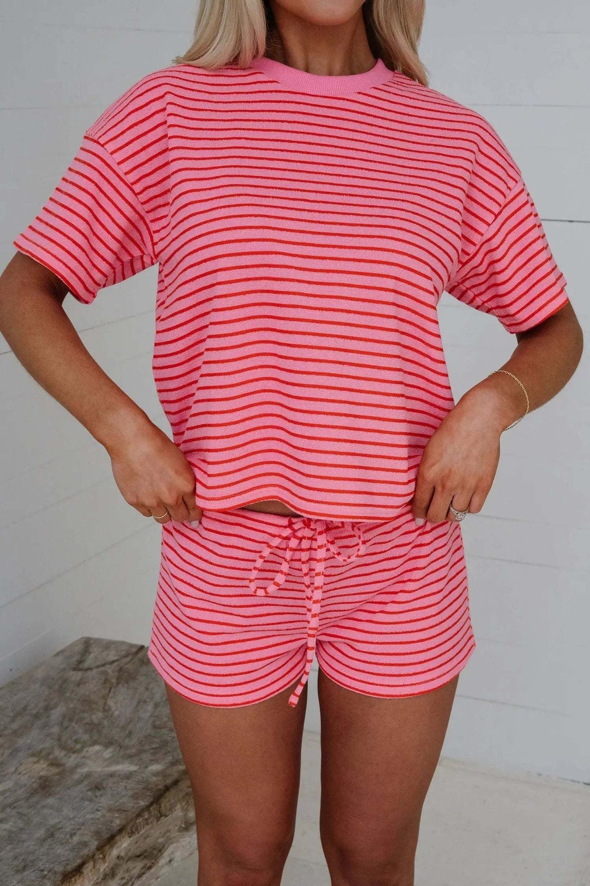 Quintana | Striped Knit Side Slit Tee and Drawstring Shorts Set